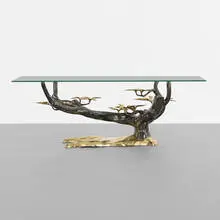 attribution Willy Daro, Bonsai coffee table, c. 1980, cast and patinated brass, glass