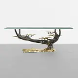 attribution Willy Daro, Bonsai coffee table, c. 1980, cast and patinated brass, glass
