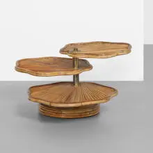 tiered occasional table by Gabriella Crespi, c. 1970, rattan, brass, sold Sep 2013