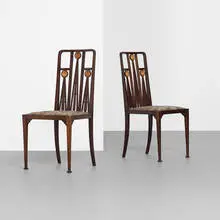 chairs, pair by Liberty & Co., c. 1910, fruitwood, upholstery, sold Sep 2013