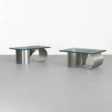 Francois Monnet, occasional tables, pair, c. 1970, stainless steel, glass