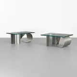 Francois Monnet, occasional tables, pair, c. 1970, stainless steel, glass