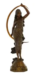 August Moreau, Untitled, an Art Nouveau bronze of a girl holding a crescent moon