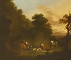 Dirck van Bergen, Untitled, GOATS AND A MULE RESTING IN A ROCKY LANDSCAPE Oil on canvas 48 x 55cm