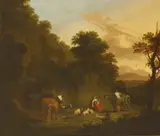 Dirck van Bergen, Untitled, GOATS AND A MULE RESTING IN A ROCKY LANDSCAPE Oil on canvas 48 x 55cm