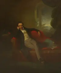 George Chinnery, Untitled, SEATED ON A CHAISE LONGUE WITH A TROPICAL LANDSCAPE BEYOND Oil on canvas 81.5 x 66.5cm