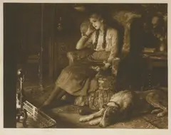 Untitled by Herbert Dicksee, A YOUNG GIRL AND TERRIER BESIDE THE HEARTH Etching on vellum, sold Jun 2019