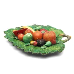 Portugal, early 20th century, by Palissy Ware Earthenware Fruit Platter, polychrome enameled and modeled as a large leaf set with a variety of fruits, lg, offered Sep 2023