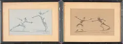 August von Munchhausen, Set of Four Fencing Sketches, gouache and pencil on paper