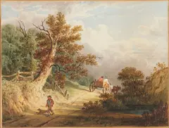 William Rickarby Miller, From Nature, near Newcastle, England Depicting rural road with horse drawn cart at ridge, boy and dog in foreground, matted and framed with label on reverse., Watercolor on paper