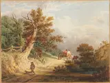 William Rickarby Miller, From Nature, near Newcastle, England Depicting rural road with horse drawn cart at ridge, boy and dog in foreground, matted and framed with label on reverse.