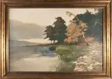 John Gleich, Landscape with Lake, collotype with hand-coloring
