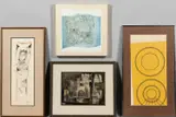 20th Century School, Four Modern Middle Eastern Works on Paper: Abstract Buildings, Inscribed Circles, Blue Abstract Print, Female Figure, Female Figure