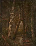 Edmund Darch Lewis, Cow Watering in a Wooded Pool, oil on board