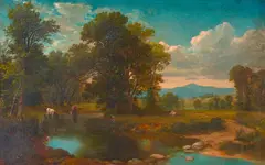 Edward Delavan Nelson, Catskill Mountains Landscape. Depicting a shallow stream with three cows and a seated figure at center, mountain range in distance at right., Oil on canvas