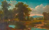 Edward Delavan Nelson, Catskill Mountains Landscape. Depicting a shallow stream with three cows and a seated figure at center, mountain range in distance at right., Oil on canvas