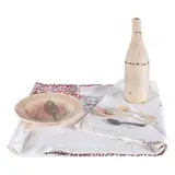 Corrado Costa, "Tablecloth, plate, bottle and three spoons", 1988, mixed media and collage on tableware and silk-screen printing on canvas