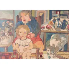 Beppe Serafini, "Interior with family and cat", mixed media on cardboard