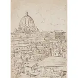 Orazio Amato, "View of Rome with St. Peter's Dome", 1945, ink on paper