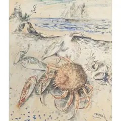 Emanuele Rambaldi, "Crab and fish on the beach", mixed media on paper