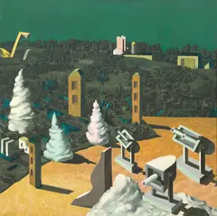 Ulrich Knispel, Landschaft mit Softeistürmen, 1975, Öl auf Leinwand