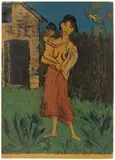 Otto Mueller, Stehende Zigeunerin mit Kind auf dem Arm, 1926, Farblithographie und Kreide in Rot auf braunem Papier