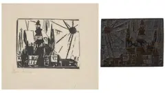 Lyonel Feininger, Troistedt, 1919, Holzschnitt auf Japan und Originaldruckstock des Motivs