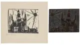 Lyonel Feininger, Troistedt, 1919, Holzschnitt auf Japan und Originaldruckstock des Motivs