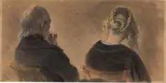 Adolph von Menzel, Älterer Mann und junge Frau sitzend, in halber Figur vom Rücken gesehen, Um 1850, Pastell, weiß gehöht, auf bräunlichem Papier