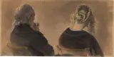 Adolph von Menzel, Älterer Mann und junge Frau sitzend, in halber Figur vom Rücken gesehen, Um 1850, Pastell, weiß gehöht, auf bräunlichem Papier