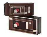 Walter Dorwin Teague, Kodak camera & box, 1930, Lacquered metal, leather bound camera, and lacquered metal tin