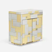 Paul Evans, Cityscape bar cabinet from the PE 200 series, c. 1975, chrome-plated steel, brass, casters