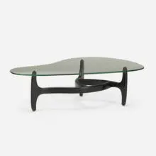 Coffee table by Adrian Pearsall, c. 1960, lacquered wood, glass, sold Jul 2021