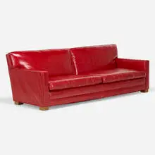 attribution Edward Wormley, Sofa, c. 1960, vinyl, carved oak
