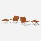 Barcelona chairs and ottomans, pair by Ludwig Mies van der Rohe, stainless steel, leather, sold Jul 2021