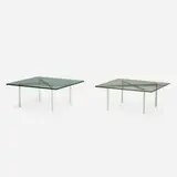 Barcelona coffee tables, pair by Ludwig Mies van der Rohe, stainless steel, glass, sold Jul 2021