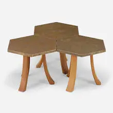 Harvey Probber, Occasional tables, set of three, c. 1960, patinated bronze, oak
