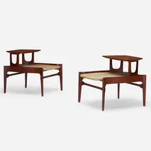 attribution Bertha Schaefer, Occasional tables, pair, c. 1955, walnut, travertine