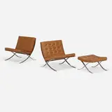 Barcelona chairs, pair, and ottoman by Ludwig Mies van der Rohe, stainless steel, leather, sold Jul 2021