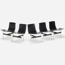 T-chairs model 3-LC, set of five by Ross Littell and Douglas Kelley William Katavolos, 1953, chrome-plated steel, enameled steel, leather, sold Jul 2021