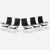 T-chairs model 3-LC, set of five by Ross Littell and Douglas Kelley William Katavolos, 1953, chrome-plated steel, enameled steel, leather, sold Jul 2021