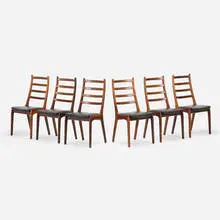 Dining chairs, set of six by Kai Kristiansen, c. 1960, rosewood, faux leather, sold Jul 2021