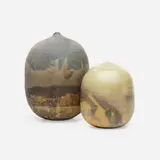 Closed forms (with rattles), set of two by Toshiko Takaezu, glazed stoneware, glazed porcelain, sold Jul 2021