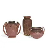 group of Carnelian II earthenware vases in rose and green, three by Roseville Pottery, sold Apr 2022