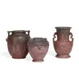 group of Carnelian II earthenware vases in rose and green, three by Roseville Pottery, sold Apr 2022
