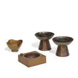 Dirk Van Erp, group of items, four: warming bowl, footed bowl and candlesticks, pair