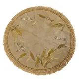 Arts & Crafts, round woven and embroidered textile / table linen with cattail and dragonfly decoration