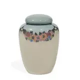 lidded porcelain jar with repeating swags of multicolored flowers, shape number 47C by Patti Conant for Rookwood Pottery, sold Apr 2022