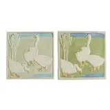 porcelain Vellum glaze trivets showing the same scene of geese by a stream, two, shape number 3207 by Rookwood Pottery, sold Apr 2022