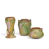 Wisteria earthenware vases in brown, group of three: shape numbers 635-8, 242-4 and 634-7 by Roseville Pottery, sold Apr 2022